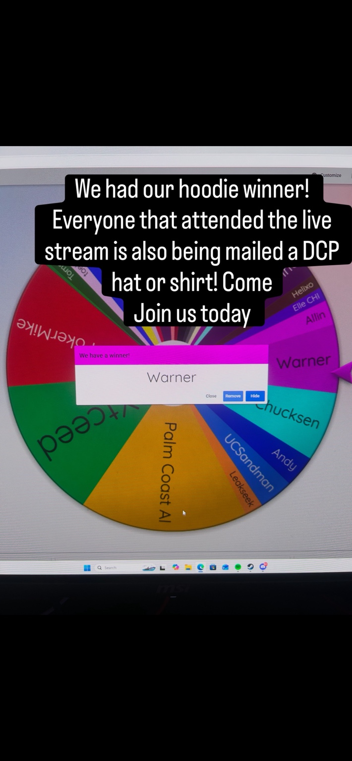 Live DCP giveaway draw showing Warner as the hoodie winner