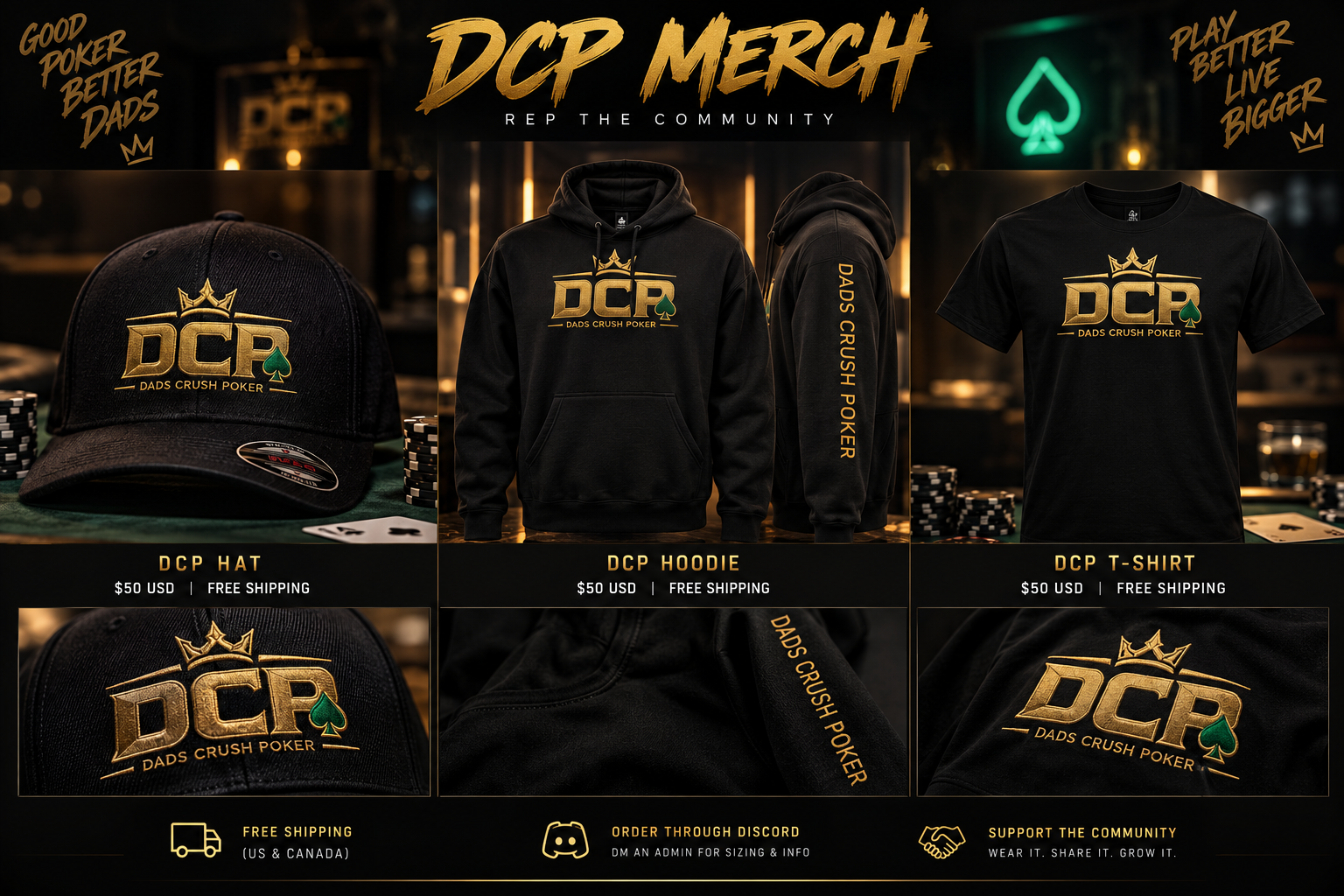 DCP hat, hoodie and T-shirt merchandise